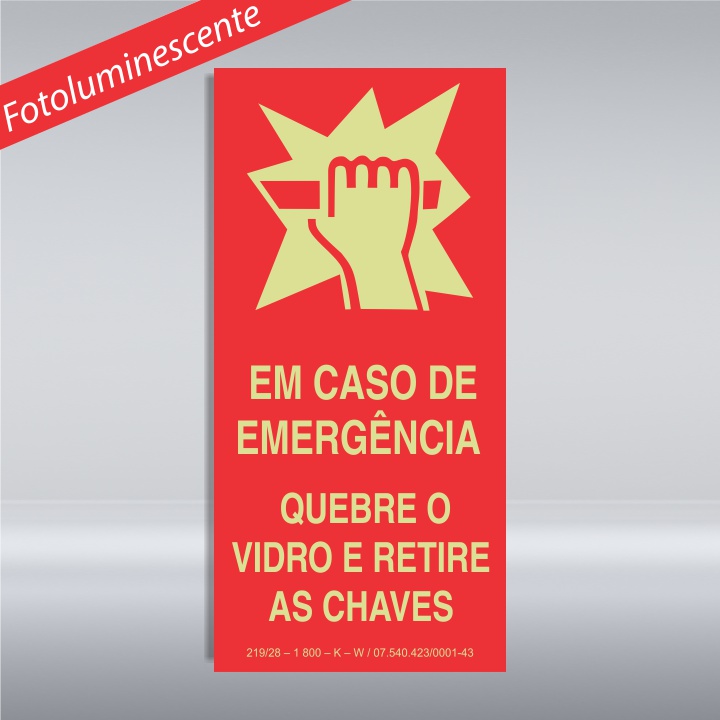 PLACA EM CASO DE EMERGÊNCIA QUEBRE O VIDRO E RETIRE AS CHAVES- PVC - FOTOLUMINESCENTE